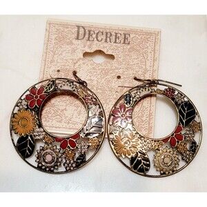 Vintage 1980s Floral Metal Enamel Cutout Dangle Pierced Earrings Bohemian Hippie